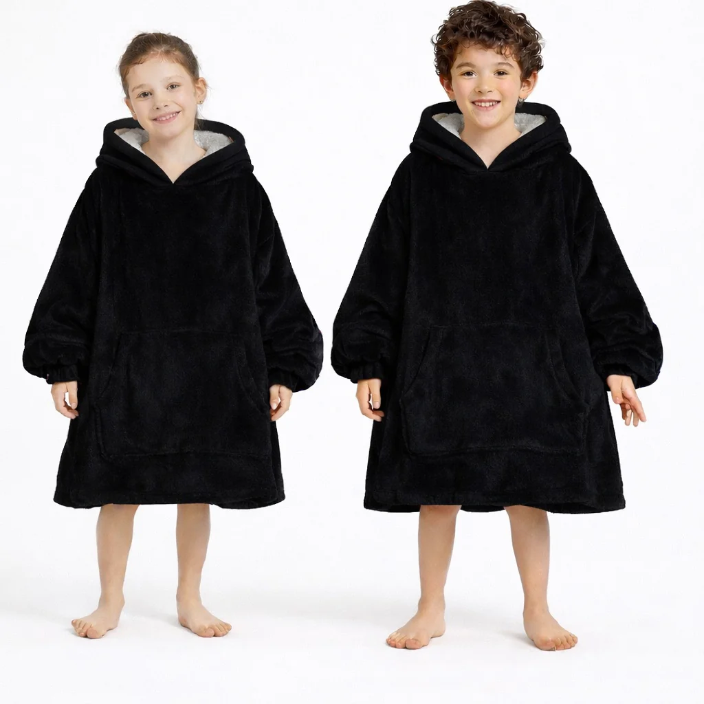 black Wearable Sherpa Blanket Hoodie oversize for Kids & Adults | OLM Toys - Image 4